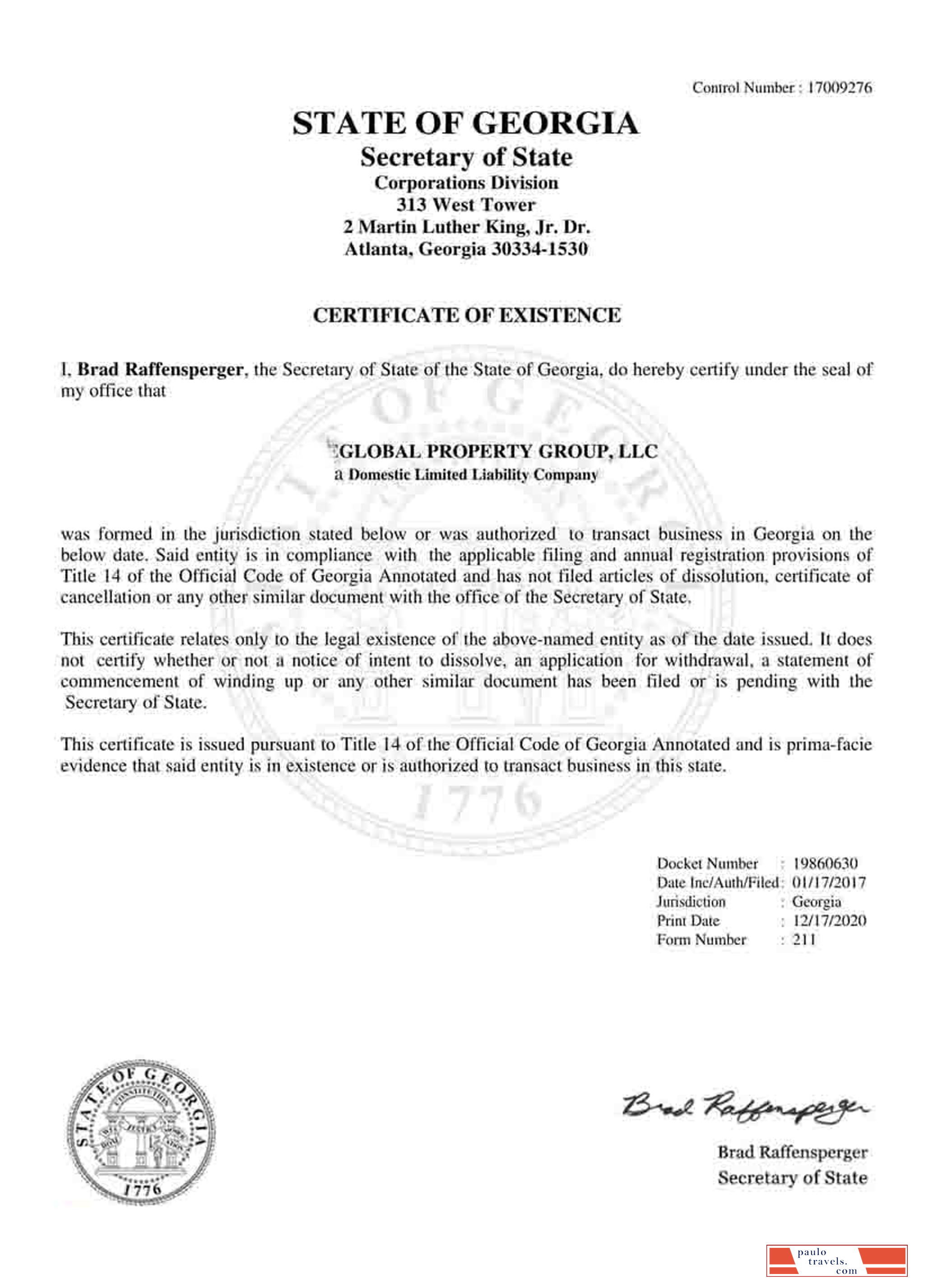 USA Georgia certificate of good standing